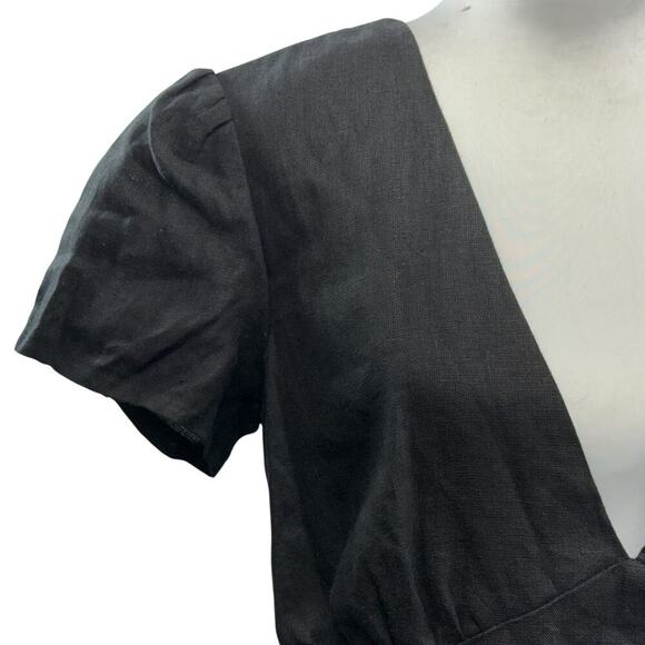 Linen Handmade Studio 100% Linen Midi Dress Size 14 Deep V Neck Sicily Black NWT - Picture 3 of 9